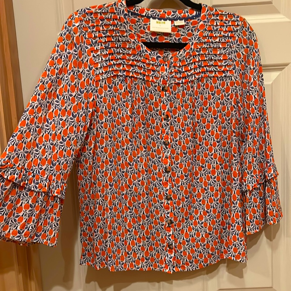 Maeve Orange Navy White Printed Button-Down Blouse